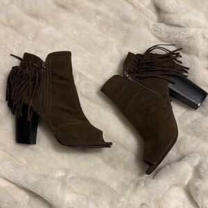 Fringe Peep-Toe Suede Dark Green Ankle Booties